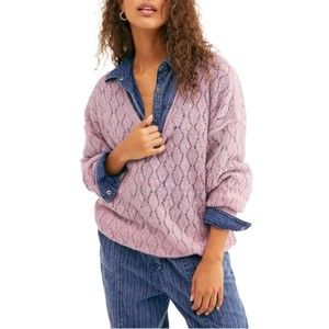 Free People NWT Say Hello Open Knit Sweater Tunic Deep V Neck Lilac Medium New